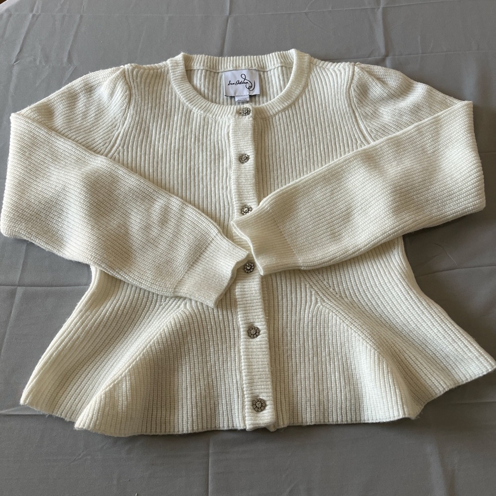 Sam Edelman White Peplum Cardigan Rhinestone Button Coquette Sweater Size M - Picture 3 of 10